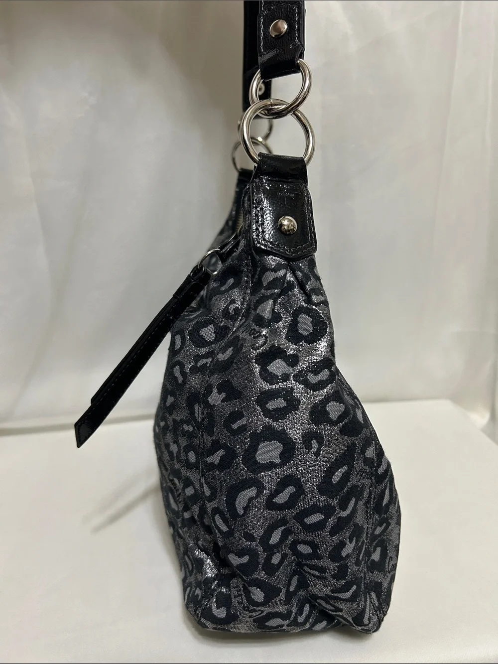 Coach Metallic Ocelot Leopard Hobo In Black/Silver